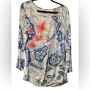 NNW Talbot’s Sz Large Ladies Top with Hibiscus Navy & Coral Print